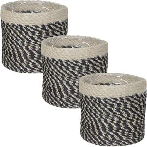 Mica Decorations 3x stuks naturel zwart rotan planten pot mand van gedraaid jute/riet H12 en D12 cm -