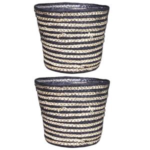 Bela Arte Set van 3x stuks naturel zwart rotan planten pot mand van gedraaid jute/riet H20 en D22 cm -