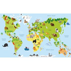 2x Posters wereldkaart met dieren / natuurlijke leefgebieden voor op kinderkamer / school 84 x 52 cm -