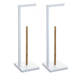 5five Set van 2x stuks staande wc/toiletrolhouders met reservoir wit 64,5 cm van metaal/bamboe -