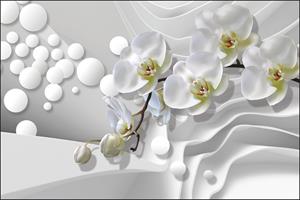 Karo-art Fotobehang - Witte Orchideeën in het abstracte, wit/grijs/groen, Premium print vinyl, 11 maten, voor woon en slaapkamer, incl instructies en behanglijm