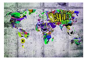 Karo-art Zelfklevend fotobehang - Graffiti op betonnen muur, wereldkaart, multi-gekleurd, premium print, 8 maten, voor slaap en woonkamer, geen behangtafel nodig, water en uv bestendig, instructies bijgevoegd