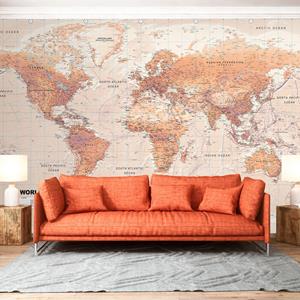 Karo-art Zelfklevend fotobehang - Oranje wereld, Wereldkaart, premium print