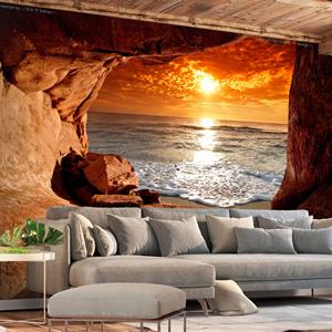Karo-art Zelfklevend fotobehang - Uitzicht op zee uit een grot , Premium Print