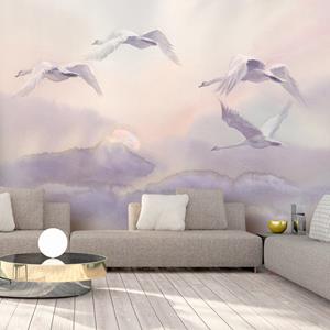 Karo-art Zelfklevend fotobehang - Vliegende Zwanen, Aquarel (Paars) Premium print