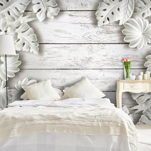Karo-art Zelfklevend fotobehang - Houten planken met witte bloemen, Premium print