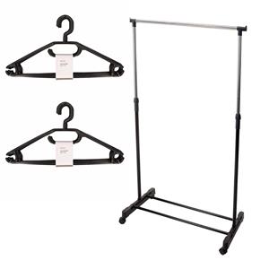 Merkloos Mobiel kledingrek met kleding hangers - 20 kunststof hangers - zwart -