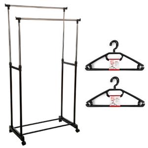 Kledingrek met kleding hangers - dubbele stang - kunststof/metaal - zwart - 80 x x 170 cm -