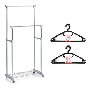 Kledingrek met kleding hangers - dubbele stang - kunststof/metaal - grijs - 83 x 43 x 107 -