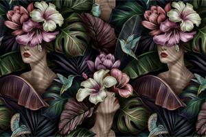 Karo-art Fotobehang - Abstracte vrouwelijke gezichten tussen bloemen, 11 maten, inclusief behanglijm