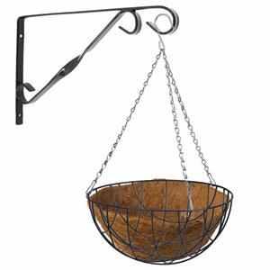 Bellatio flowers & plants Hanging basket met klassieke muurhaak zwart en kokos inlegvel - metaal - complete hanging basket set -