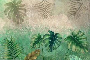 Karo-art Fotobehang - Tropische planten op een abstracte achtergrond, 11 maten, prachtig behang, inclusief behanglijm