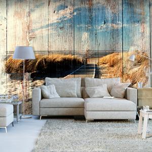 Karo-art Zelfklevend fotobehang - Uitzicht op Strand op Hout , Premium Print