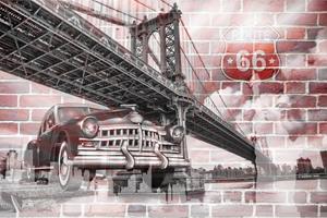 Karo-art Fotobehang - Amerika, USA, Oldtimer, route66, Brooklyn Bridge, Op stenen achtergrond, 11 maten, incl behanglijm