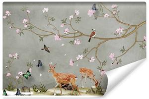 Karo-art Fotobehang - Herten en vogels, premium print, inclusief behanglijm