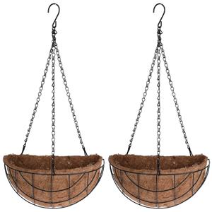 Merkloos 3x stuks metalen hanging baskets / plantenbakken halfrond zwart met ketting 31 cm - hangende bloemen -