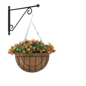 Merkloos Hanging basket met muurhaak sierkrul groen en kokos inlegvel - metaal - complete hanging basket set -