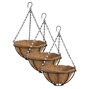 Esschert Design 3x stuks metalen hanging baskets / plantenbakken met ketting 25 cm inclusief kokosinlegvel -