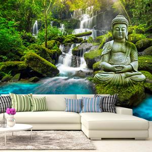 Karo-art Zelfklevend fotobehang - Boeddha voor rustige waterval , Premium Print