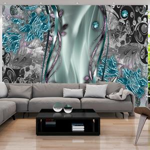 Karo-art Zelfklevend fotobehang - Bloemig gordijn turquoise, 8 maten, premium print