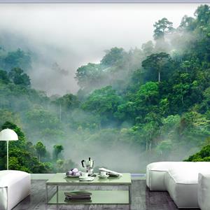 Karo-art Zelfklevend fotobehang - Ochtend mist in bos , Premium Print
