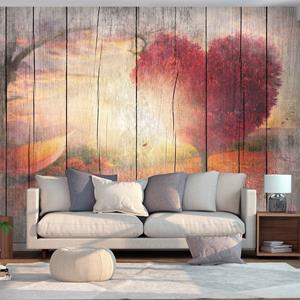 Karo-art Zelfklevend fotobehang - Herfstige Liefde, Op houten planken (look) Premium print