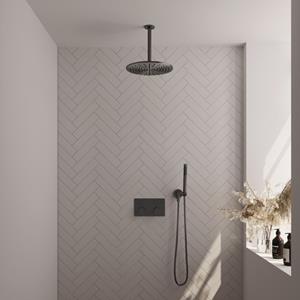 Brauer gunmetal Edition Thermostatische Regendouche inbouw - drukknoppen - SET 54 - 30cm hoofddouche - plafondarm - staaf handdouche - doucheslang - wandaansluitbocht - gunmetal geborsteld PVD 5-GM-16