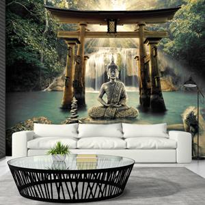Karo-art Zelfklevend fotobehang - Boeddha voor een Waterval, premium print, 8 maten, geen lijm nodig, instructie bijgesloten, water- en UV bestendig
