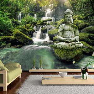 Karo-art Zelfklevend fotobehang - Boeddha voor waterval , Premium Print, Groen, water- en uv bestendig, 8 maten, instructie bijgesloten
