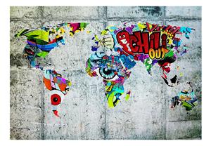 Karo-art Zelfklevend fotobehang - Wereldkaart,Graffiti op betonnen muur, premium print, 8 maten, eenvoudig aan te brengen, instructie bijgevoegd