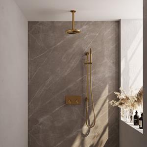 Brauer Gold Edition Thermostatische Regendouche inbouw - drukknoppen - SET 65 - 20cm hoofddouche - plafondarm - staaf handdouche - doucheslang - geïntegreerde glijstang - goud geborsteld PVD 5-GG