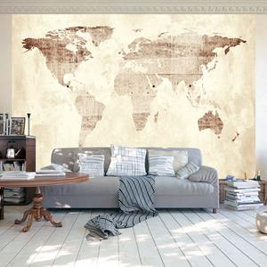 Karo-art Fotobehang - Beige wereldkaart, premium print vliesbehang
