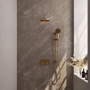 Brauer Gold Edition Thermostatische Regendouche inbouw - drukknoppen - SET 69 - 20cm hoofddouche - gebogen muurarm - 3 standen handdouche - doucheslang - geïntegreerde glijstang - goud geborsteld