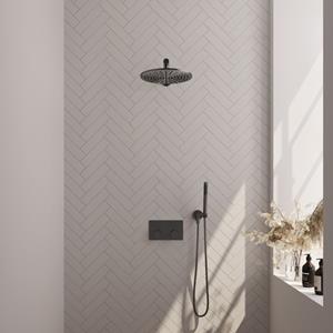 Brauer gunmetal Edition Thermostatische Regendouche inbouw - drukknoppen - SET 50 - 30cm hoofddouche - rechte muurarm - staaf handdouche - doucheslang - wandaansluitbocht - gunmetal geborsteld PVD 5-G