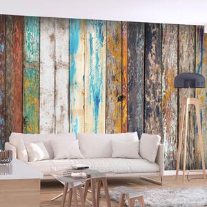 Karo-art Zelfklevend fotobehang - Houten Regenboog, Planken, Premium Print