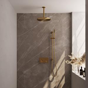 Brauer Gold Edition Thermostatische Regendouche inbouw - drukknoppen - SET 66 - 30cm hoofddouche - plafondarm - staaf handdouche - doucheslang - geïntegreerde glijstang - goud geborsteld PVD 5-GG