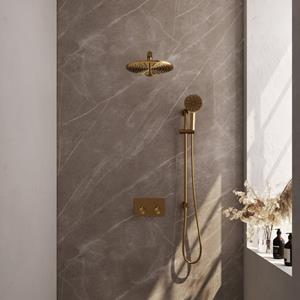 Brauer Gold Edition Thermostatische Regendouche inbouw - drukknoppen - SET 68 - 30cm hoofddouche - rechte muurarm - 3 standen handdouche - doucheslang - geïntegreerde glijstang - goud geborsteld 