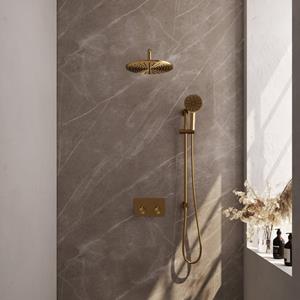 Brauer Gold Edition Thermostatische Regendouche inbouw - drukknoppen - SET 70 - 30cm hoofddouche - gebogen muurarm - 3 standen handdouche - doucheslang - geïntegreerde glijstang - goud geborsteld