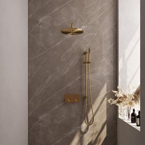 Brauer Gold Edition Thermostatische Regendouche inbouw - drukknoppen - SET 64 - 30cm hoofddouche - gebogen muurarm - staaf handdouche - doucheslang - geïntegreerde glijstang - goud geborsteld PVD