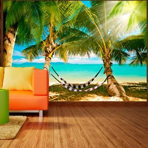 Karo-art Zelfklevend fotobehang - Zonnig palmbomen strand , Tropisch , Premium Print