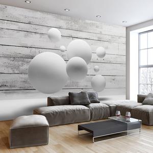 Karo-art Zelfklevend fotobehang - Ballen op Houten achtergrond, wit/grijs, premium Print