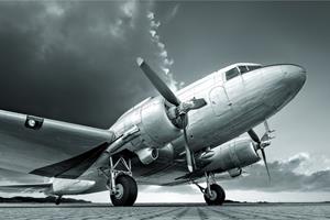 Karo-art Fotobehang - Vintage vliegtuig zwart-wit, premium print, inclusief behanglijm