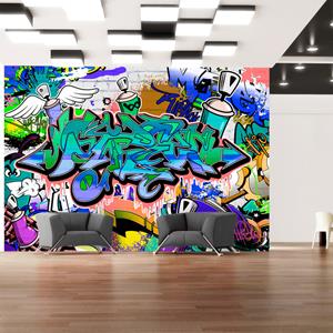 Karo-art Fotobehang - Graffiti: Chaos in Blauw, premium print vliesbehang