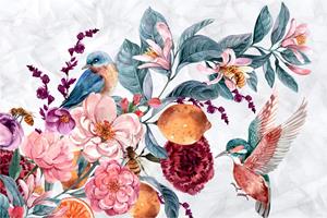 Karo-art Fotobehang - Waterverf vogel tussen kleurrijke bloemen, 11 maten, Inclusief behanglijm, prachtig op de muur