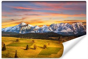 Karo-art Fotobehang - Besneeuwde bergen bij zonsondergang, premium print, inclusief behanglijm