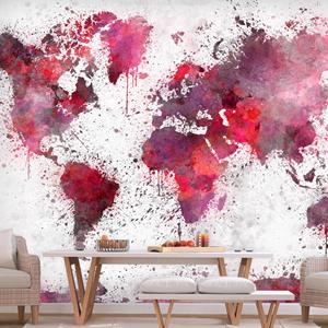 Karo-art Fotobehang - Wereldkaart Rode waterverf, premium print vliesbehang