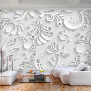 Karo-art Fotobehang -Bloemen met kristallen in wit, premium print vliesbehang