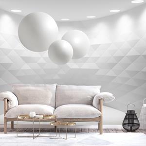 Karo-art Fotobehang - Witte bollen in witte geometrische kamer, premium print vliesbehang