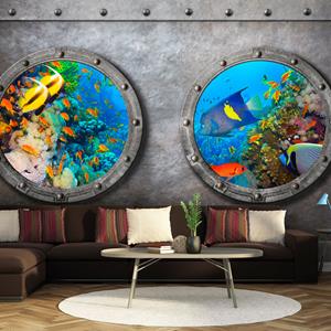 Karo-art Zelfklevend fotobehang - Patrijspoorten met Uitzicht op Tropische Vissen, premium Print