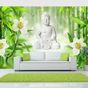 Karo-art Zelfklevend fotobehang - Boeddha in de natuur met orchideeën, 8 maten, premium print